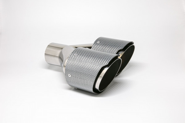 Endrohr Carbon 2x100mm rund scharf abgeschrägt versetzt rechts, silber glänzend (Aufpreis)